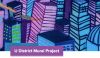 Background illustration of pink, blue, purple, and green sky scrapers. Purple text box with white text that reads "U District Mural Project" in lower left corner.