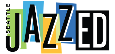 Green, teal, yellowed, blue, and black rectangles collaged together to create a dynamic background for the words "Seattle Jazzed" in black and white letters.