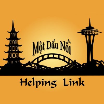 Black vector drawing of a Vietnamese temple and the Seattle Space Needle connected by a bridge on a orange gradient background. Text above the bridge reads, "Một Dấu Nối." Text below reads "Helping Link."