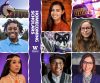 A 9 photo collage of different college students, UW mascots, buildings, and pride apparel. Text down the center of the collage reads "Homecoming Scholars; W Alumni Association" in white font on purple background.