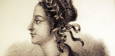 Hand drawing illustration of the facial profile of a woman in period attire
