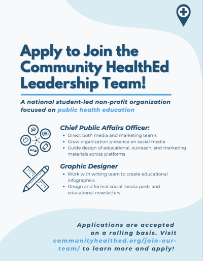 Flyer featuring blue text advertising, "Apply to Join the Community HealthEd Leadership Team!" Details on positions and how to apply (included in blog post).