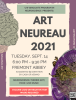 Flyer for Art Neureau 2021 event, with dates and details (included in blog posting). Abstract illustration of cellular and molecular forms on the left, and an abstract illustration of a figure and biological linework to the right.