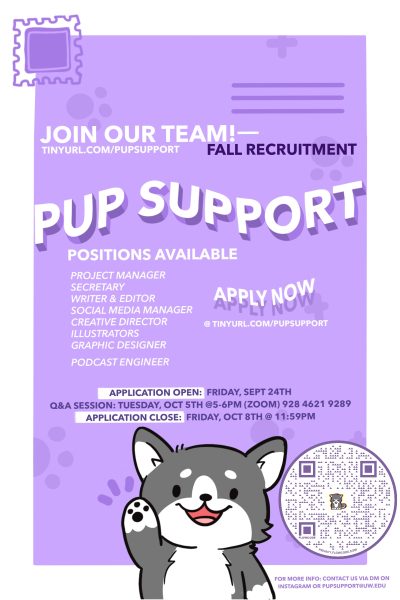 Flyer with a light purple background advertising recruitment for Pup Support. Bottom of flyer features an illustrated husky puppy and a QR code.