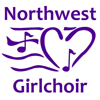 Purple text on a white background that reads "Northwest Girlchoir". In the center of the logo is a purple illustrated graphic heart with music notes.