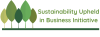 Abstract illustration of tree shapes in varying shades of green, with the text "Sustainability Upheld in Business Initiative" to the right of the trees.