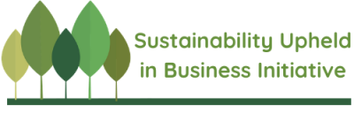 Abstract illustration of tree shapes in varying shades of green, with the text "Sustainability Upheld in Business Initiative" to the right of the trees.