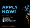 A black background with blue and orange text that reads, "APPLY NOW! Open posistions: Newsletter Writers, Video Editors, Script Writers, Graphic Designers/Artists, Social Media Marketers, Swipe for more info, tinyurl.com/unmaskingmed". On the right side of the image is half of an illustrated medical mask and hand.