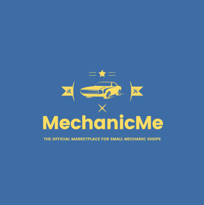 yellow vector illustration of a car on a blue background. Yellow text reads "MechanicMe: The official marketplace for small mechanic shops."