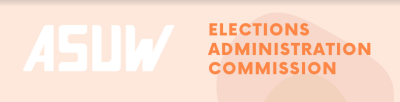 White sans serif text on peach background reads "ASUW." Orange text to the right reads "Election Administration Commission."