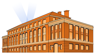 Graphic, vectorized orange and yellow multi-storied brick building with tall windows.