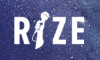 White text on galaxy background that reads "RIZE." The "I" is in the shape of a hand holding a microphone.