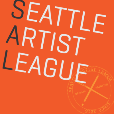 Black and white text reads "Seattle Artist League" on an orange background, with a light orange logo in the background.