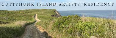 Grassy seashore cliff with ocean in the background. Text above reads "Cuttyhunk Island Artists' Residency"