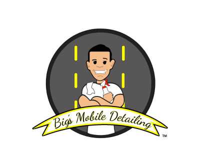 Vector illustration of a smiling masc person in front of a circle logo with a banner reading "Big's Mobile Detailing"