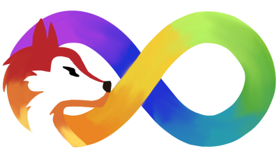 A rainbow infinity symbol with a husky head in profile on the left curve of the symbol