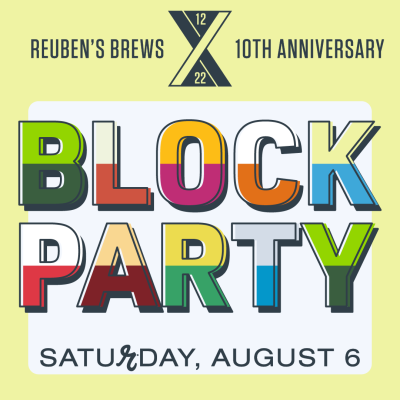 Event flyer on yellow background, with bold colorful text reading "Block Party"