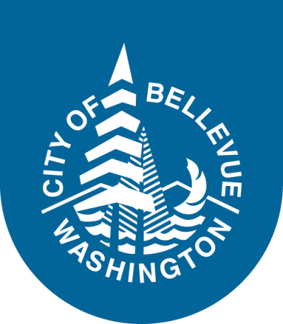 Blue logo featuring graphic tree and water with the text "City of Bellevue, Washington" in a circle around it.