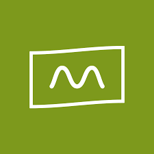 Green background with a white line box with a squiggly white "M" in the center