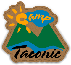 Vector logo of a mountain with sun and river, with yellow and black text reading "Camp Taconic"