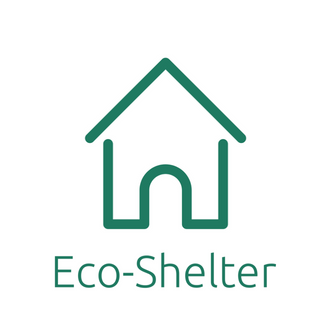 Green outline of a house with green text below reading "Eco-Shelter", on a white background