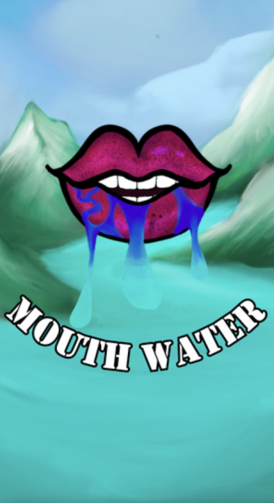 Red lips with water dripping from between teeth, turning into a lake against a mountain backdrop.