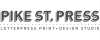 black and white text logo that reads "Pike St. Press - Letter Press Print + Design Studio"