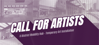 Photo collage of urban street and transportation scenes with text reading "Call for Artists" in bold white font. Purple-scale images.