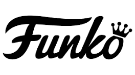 Black and white logo with cursive block letters reading "Funko", with a crown hung on the "o"