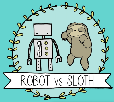 Illustrative robot and sloth on a teal background with text that reads "Robot vs Sloth"