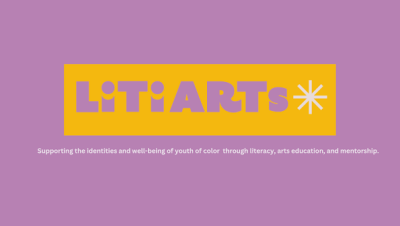 Purple and orange logo with the words "LitiArts" in lavender font