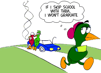 [Cartoon: Kim walking to school thinking "If I skip school with them I won't graduate."