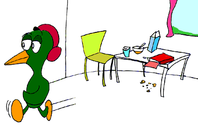 [Cartoon: Kim leaving a mess in the kitchen.]