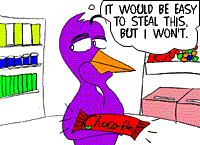 [Cartoon: Child deciding not to steal candy]
