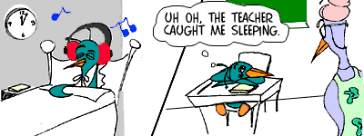 [Cartoon: Staying up late and falling asleep in school]