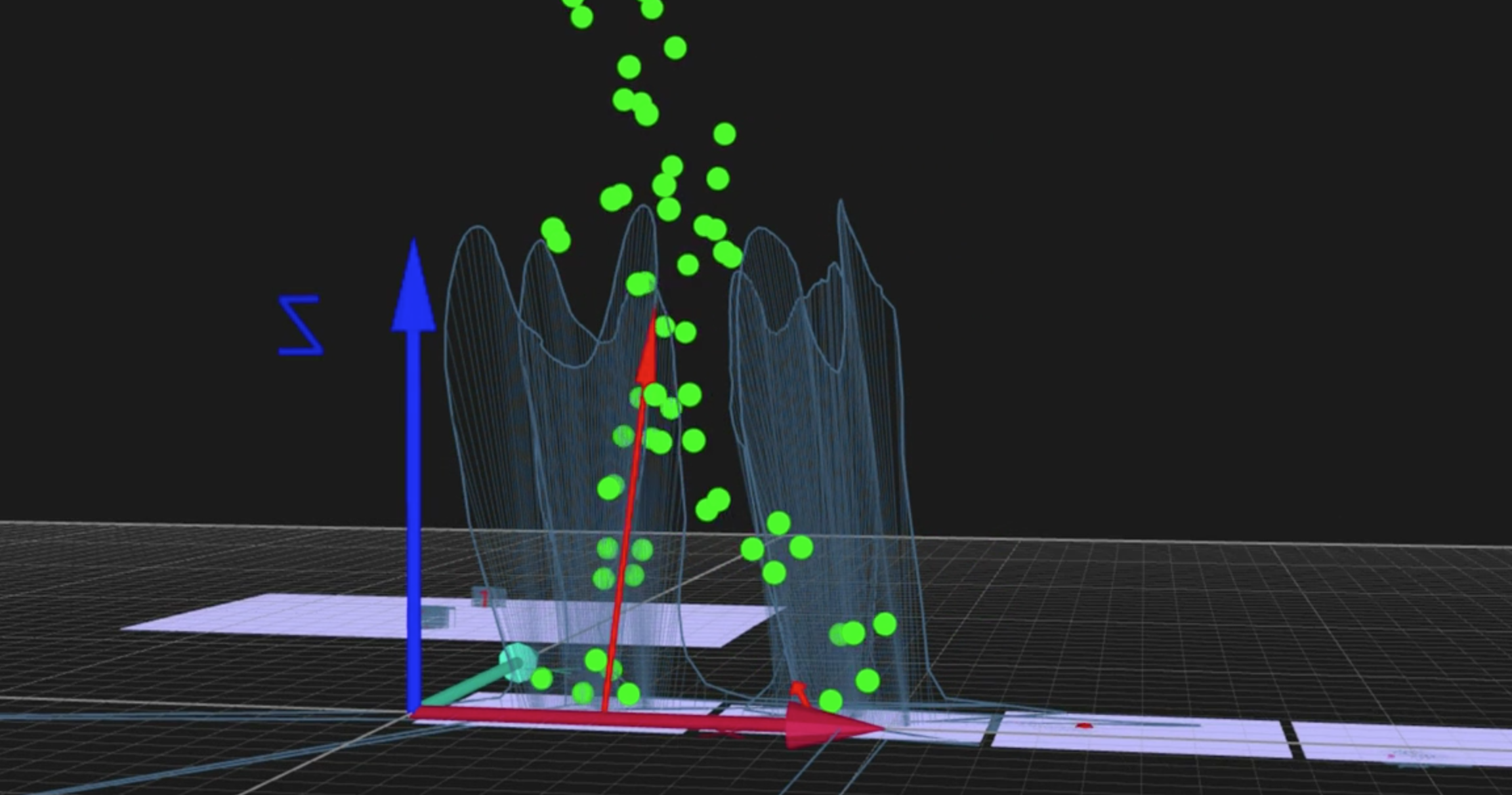 Qualysis mocap data with green dots showing person walking over force plates.