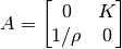 A = \left [\begin{matrix}
0      & K\\
1/\rho & 0 
\end{matrix} \right ]