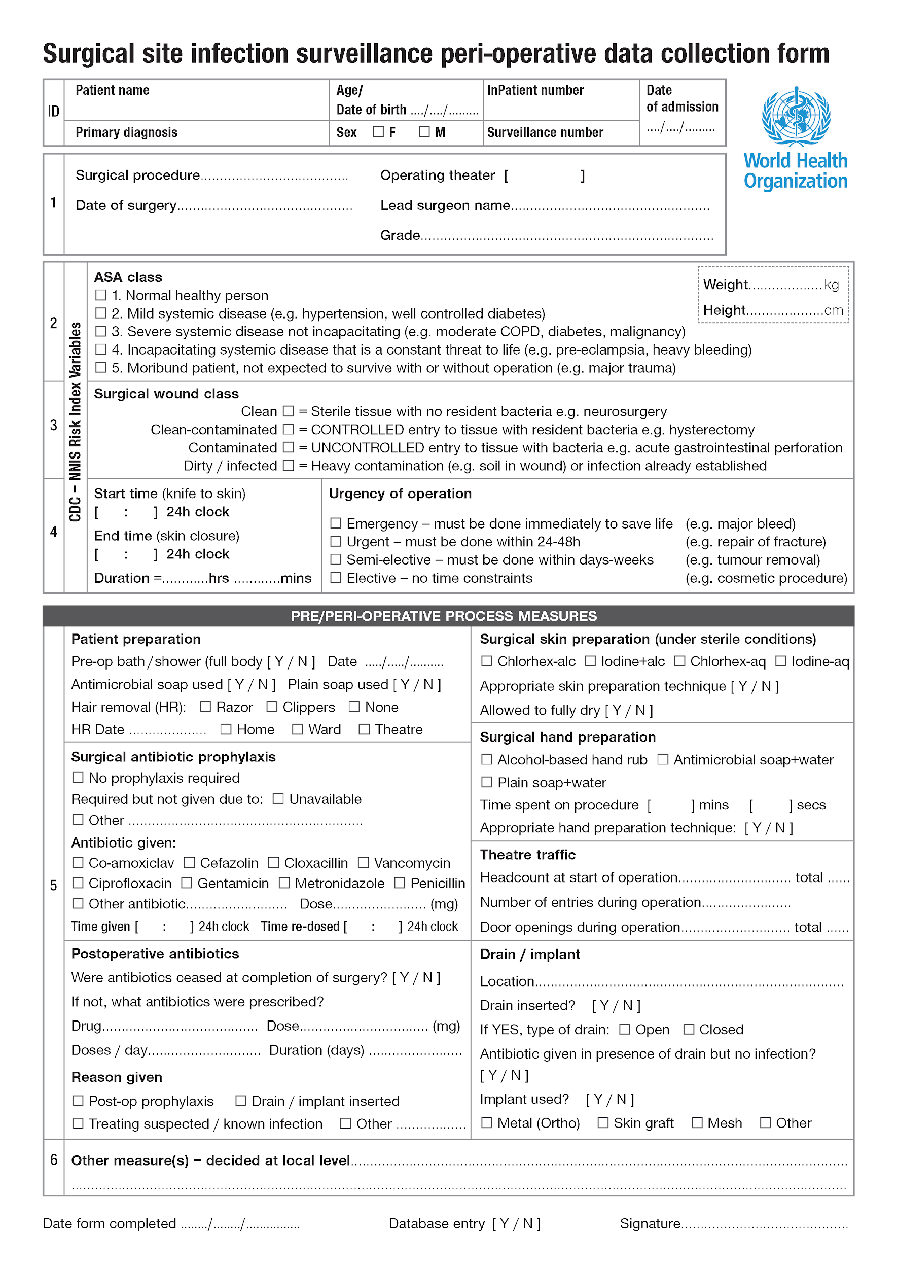 Surgical site infection surveillance peri-operative data collection form