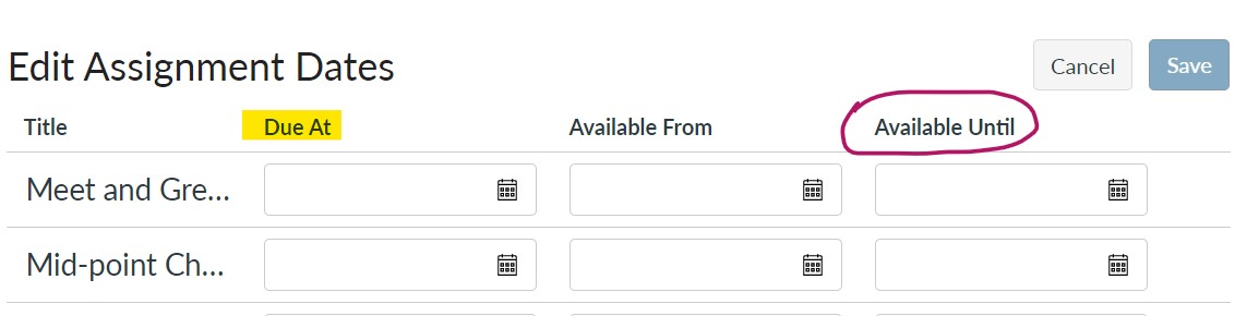 Set assignment due, from, until dates