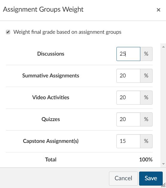 Set the assignment categories weight