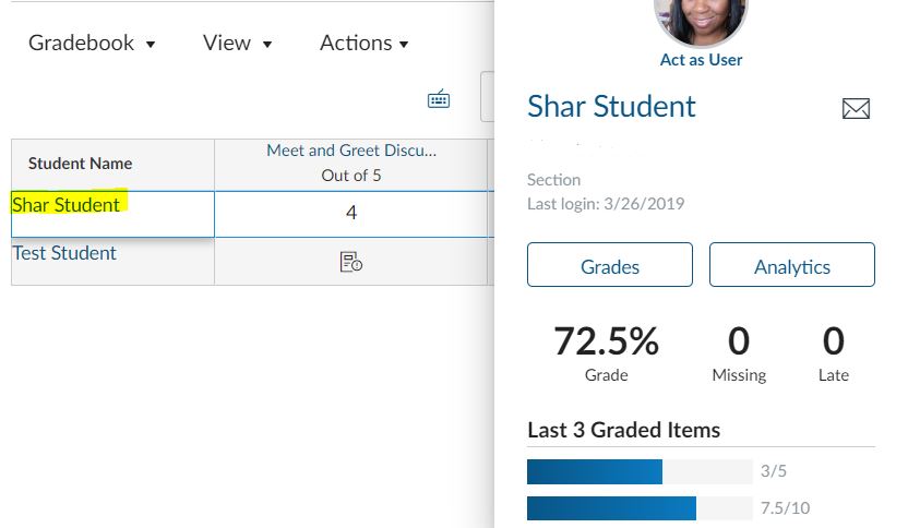 Click on the name and the grade detail tray shows up on the right.