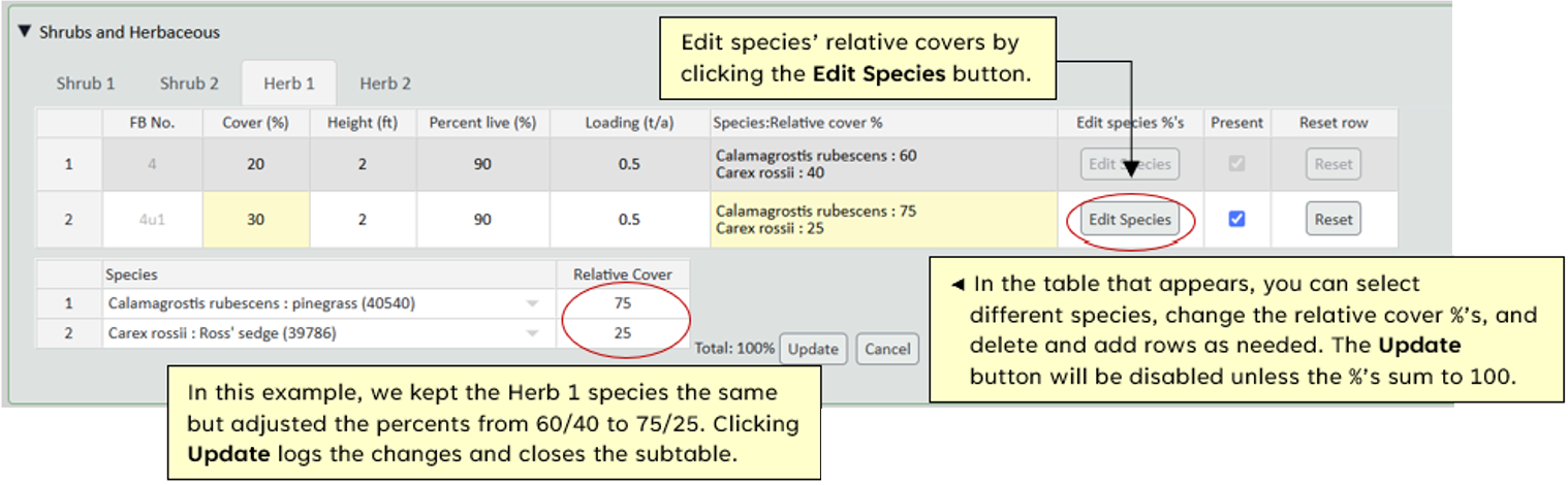 Editing species percents