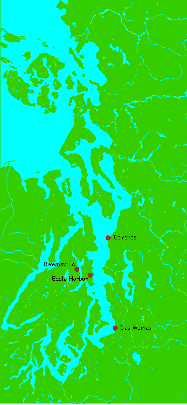 Map of Puget Sound, showing sites where Ciona savignyi has been found