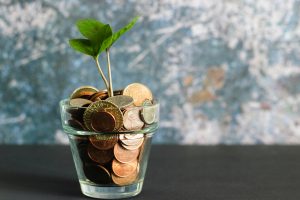 A pot glass filled with coins and a sprout