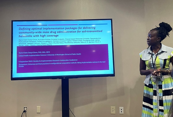 Dr. Claire Gwayi-Chore presents DeWorm3 findings on optimal delivery of community-wide mass drug administration for intestinal parasitic worm infections
