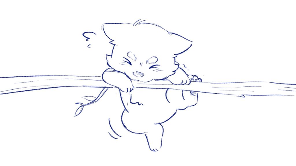 a sketch of a husky puppy climbing up a tree branch; the puppy is stressed