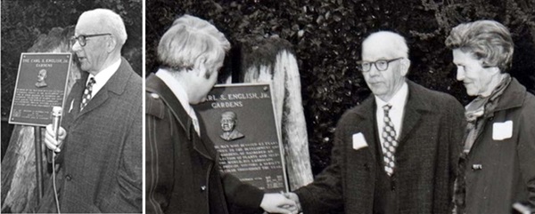 Carl English speaks at the 1974 dedication of his garden at the Locks, while Betty Miller looks on.