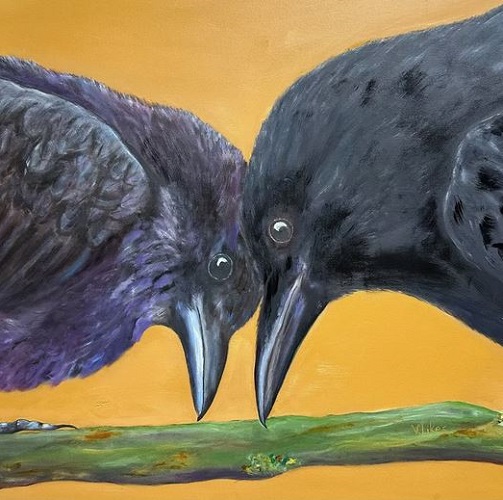 painting of two crows on a branch by Victoria Likes