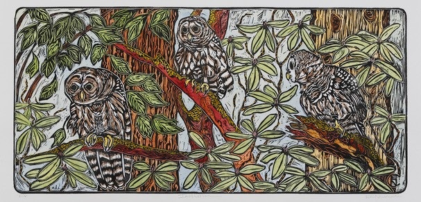 Initiation by Elizabeth Neuman, 3 owls in the forest