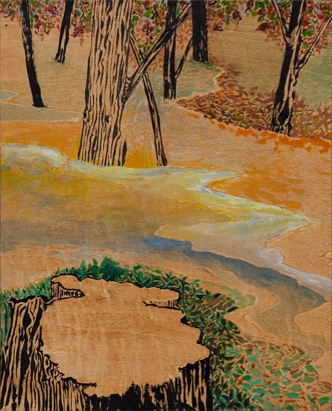 Painting on wood depicting stump and forest